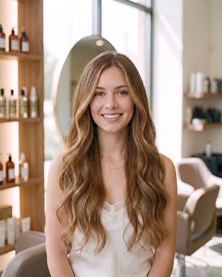 The same client after, with long honey-caramel balayage waves.