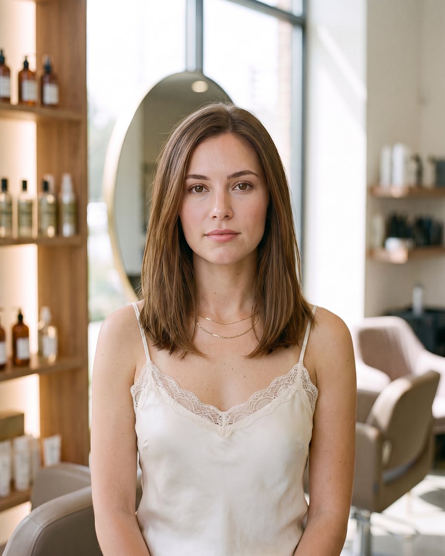 The client before her colour service, with shoulder-length mid-brown hair.