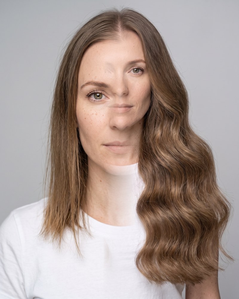A hair extensions install shown as one before and after image.